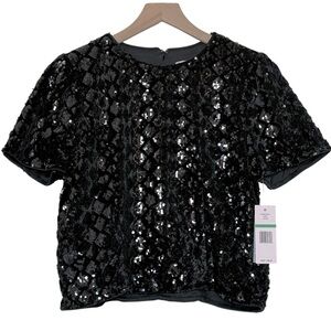 NWT Nanette Lepore Sequined Puff Sleeve Black Top Large Party Glam
